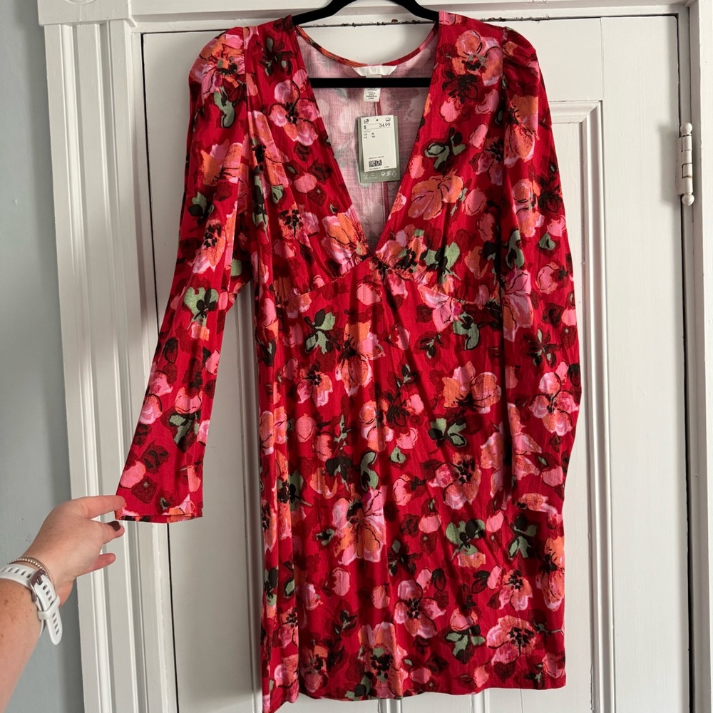 H&M Red Floral Long Sleeve Dress